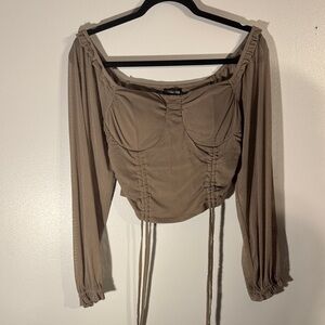Papermoon Taupe Ruched Long Sleeve Blouse